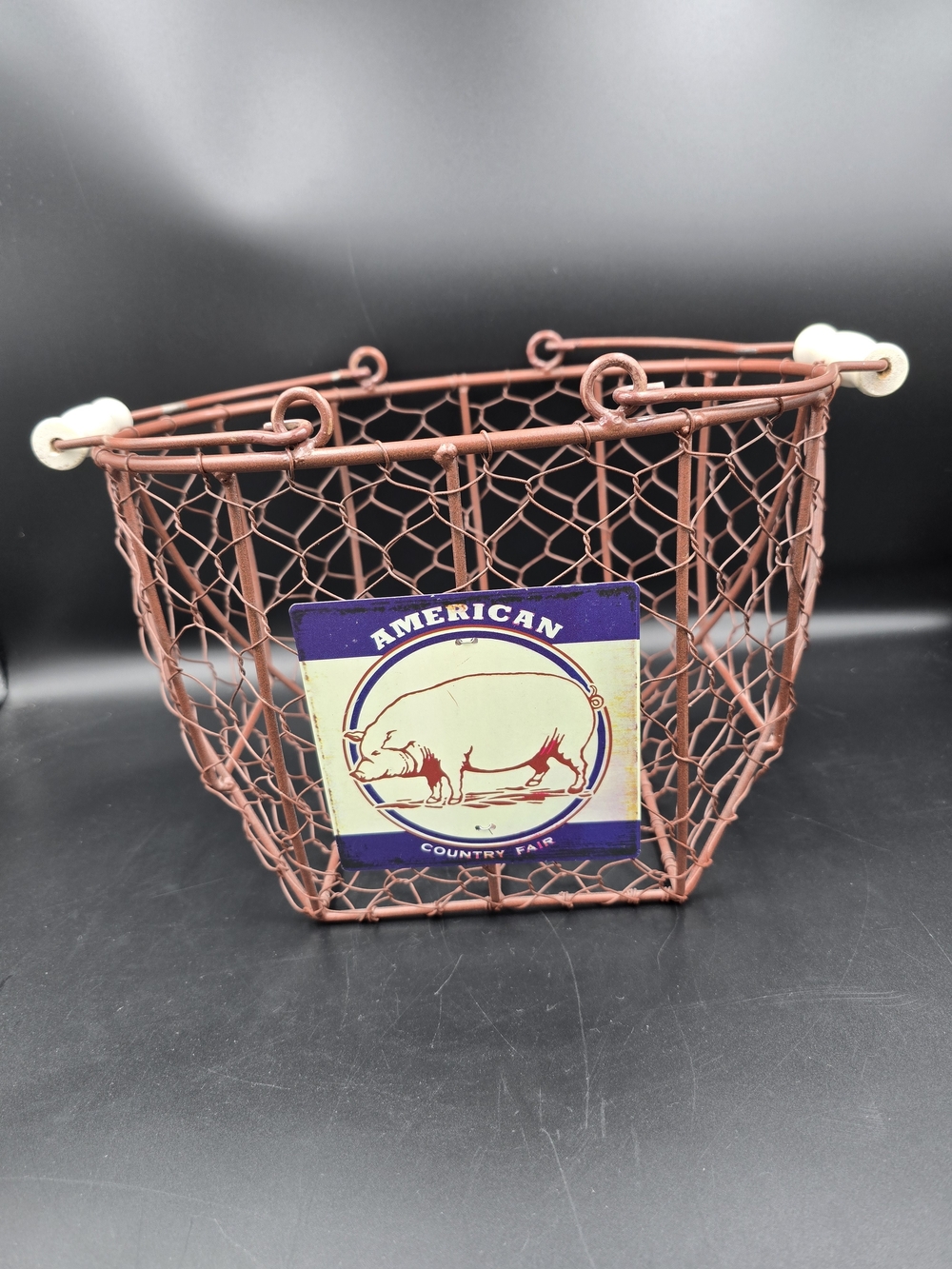 Country Wire Basket in Rust with Cream Handles